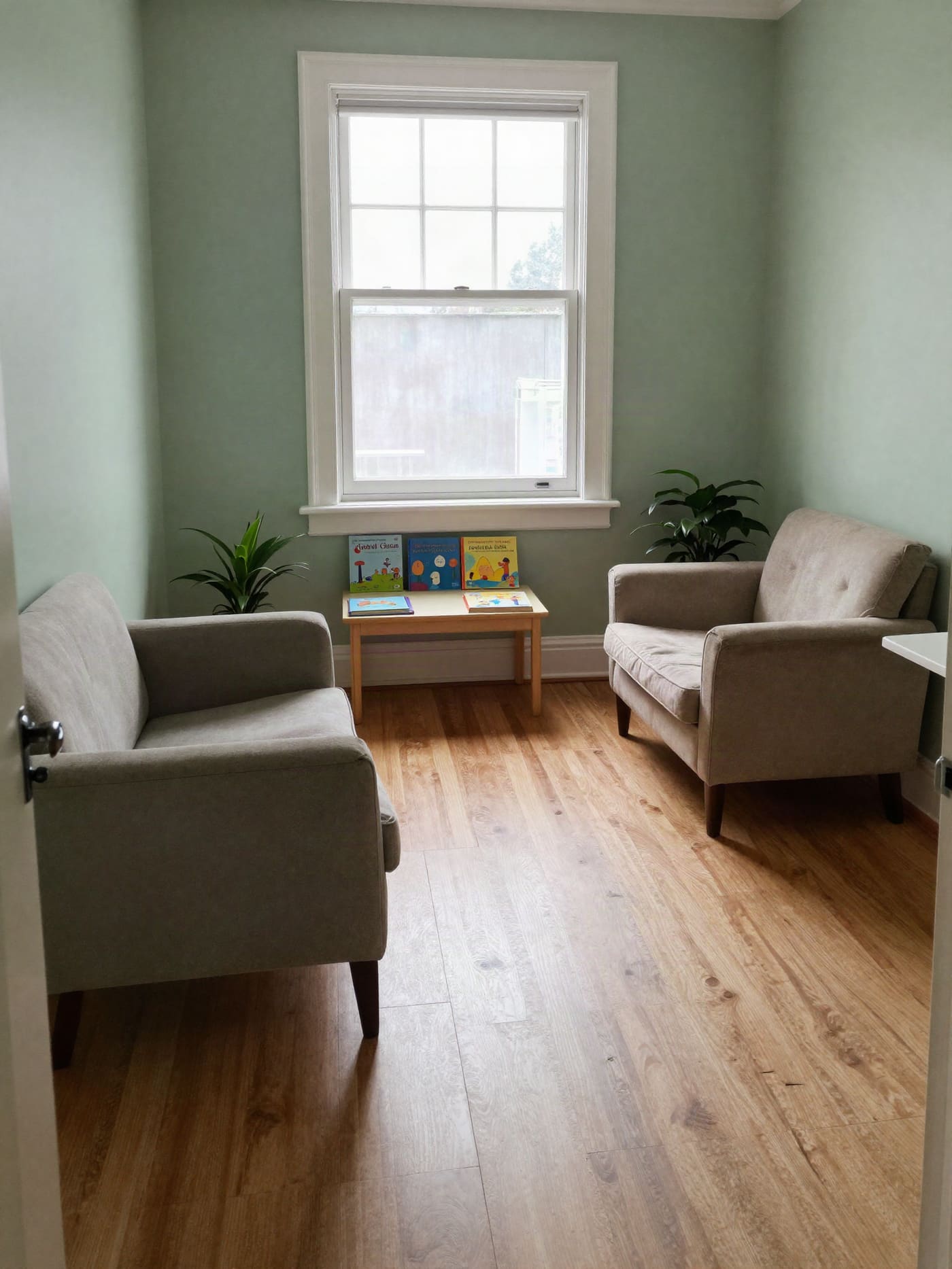 The front room waiting area with wood floors, a big front window and a few armchairs