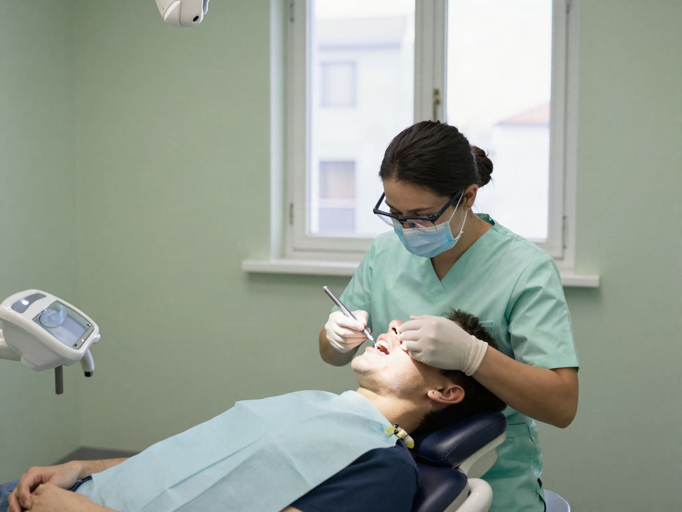 Hygienist cleaning a patient's teeth in a bright treatment room with a big window