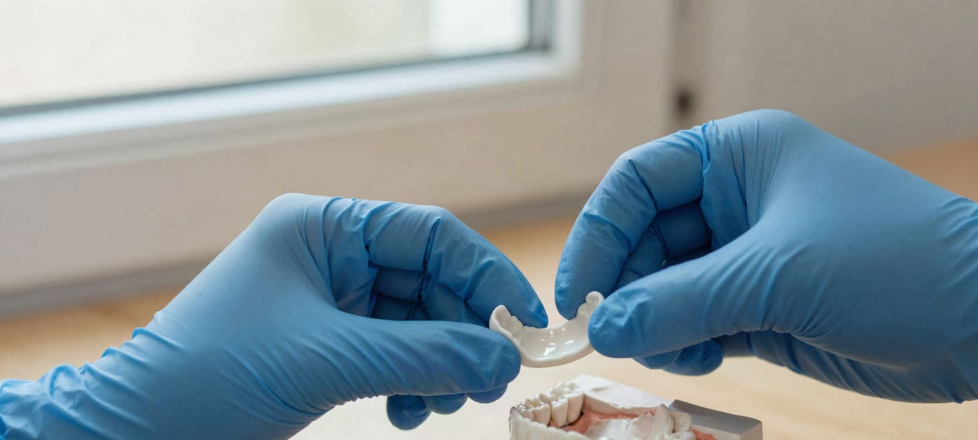 Close-up of a dentist's gloved hands holding a dental crown next to a tooth model