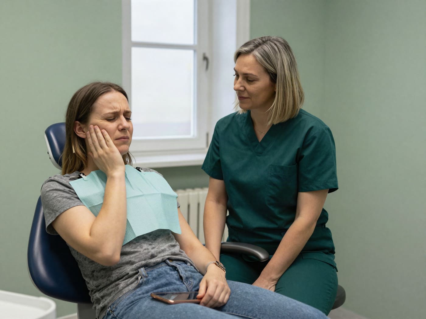 Dr. Sorensen sitting with a patient who is holding her cheek