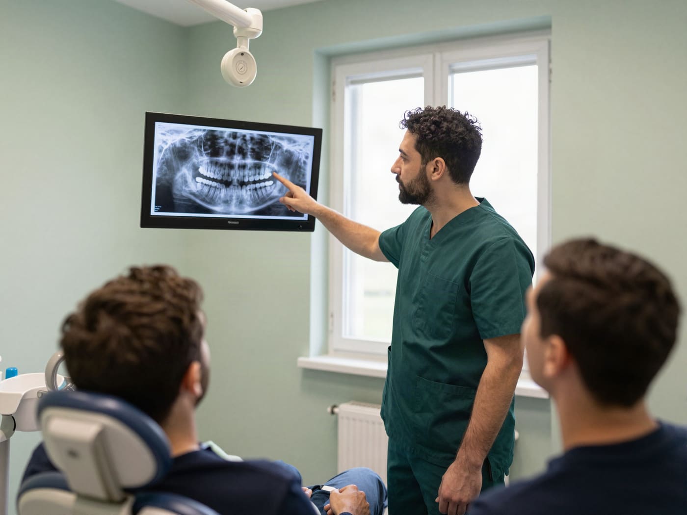 Dentist pointing to a dental X-ray on a screen while a patient in the chair looks on
