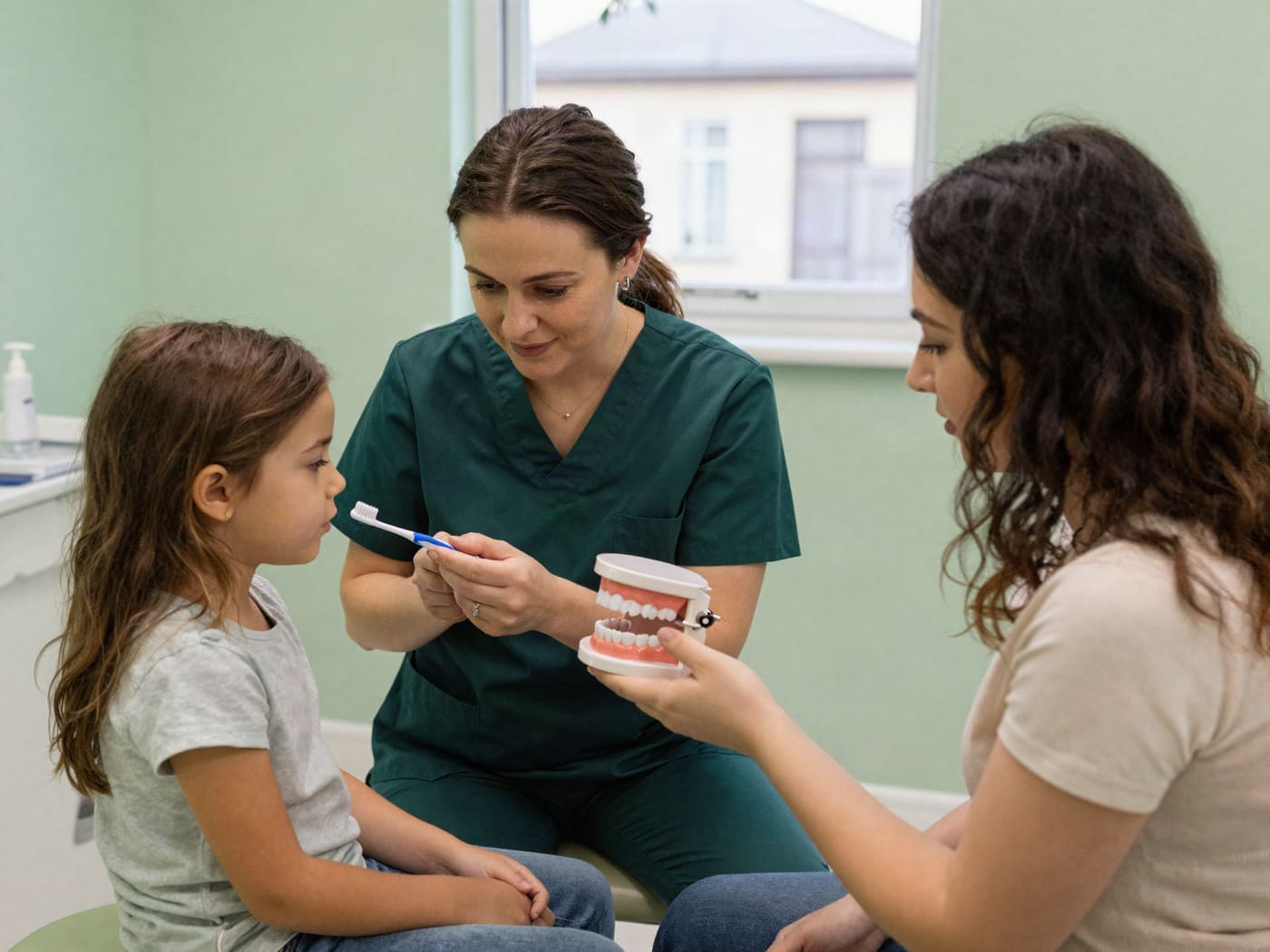 Dentist showing a young child a big toothbrush model, parent sitting beside them