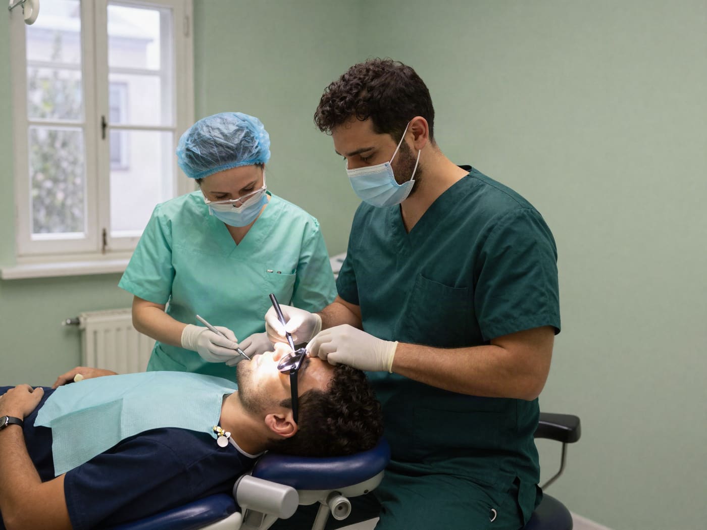 Dentist and assistant working at a treatment chair, the patient relaxed and wearing protective glasses