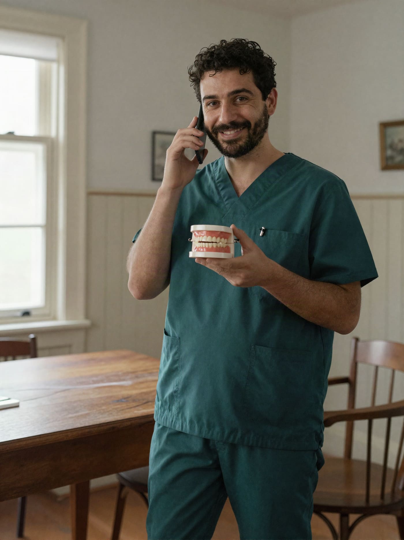 Dr. Pelletier in the old dining room, now the consult room, with a tooth model