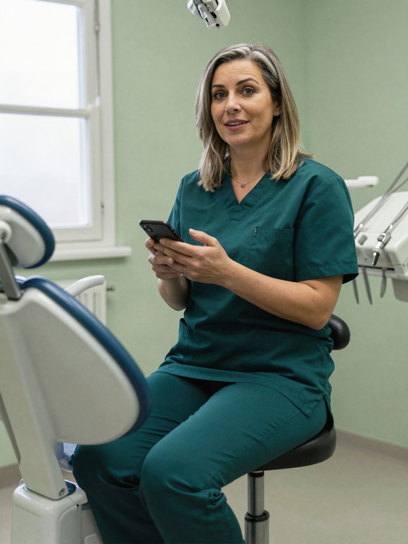 Dr. Sorensen at a treatment chair, explaining something with her hands